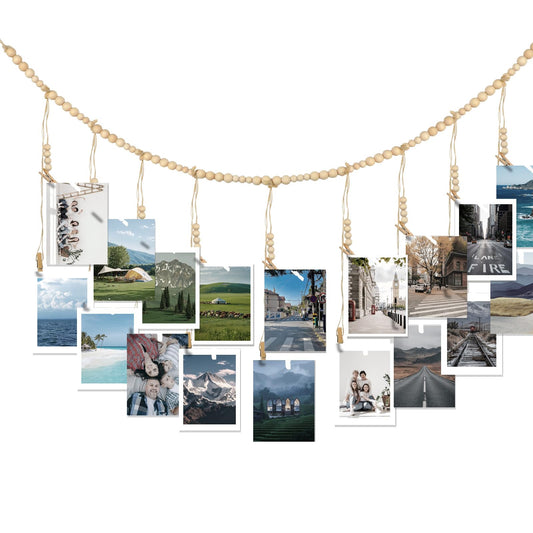 Lusofie Hanging Photo Display with Clips 4 Feet Boho Wooden Bead Graduation Picture Display with 18 Wood Clips Photo String with Clips for Office Decor Cubicle Decor Home Holiday Decorations