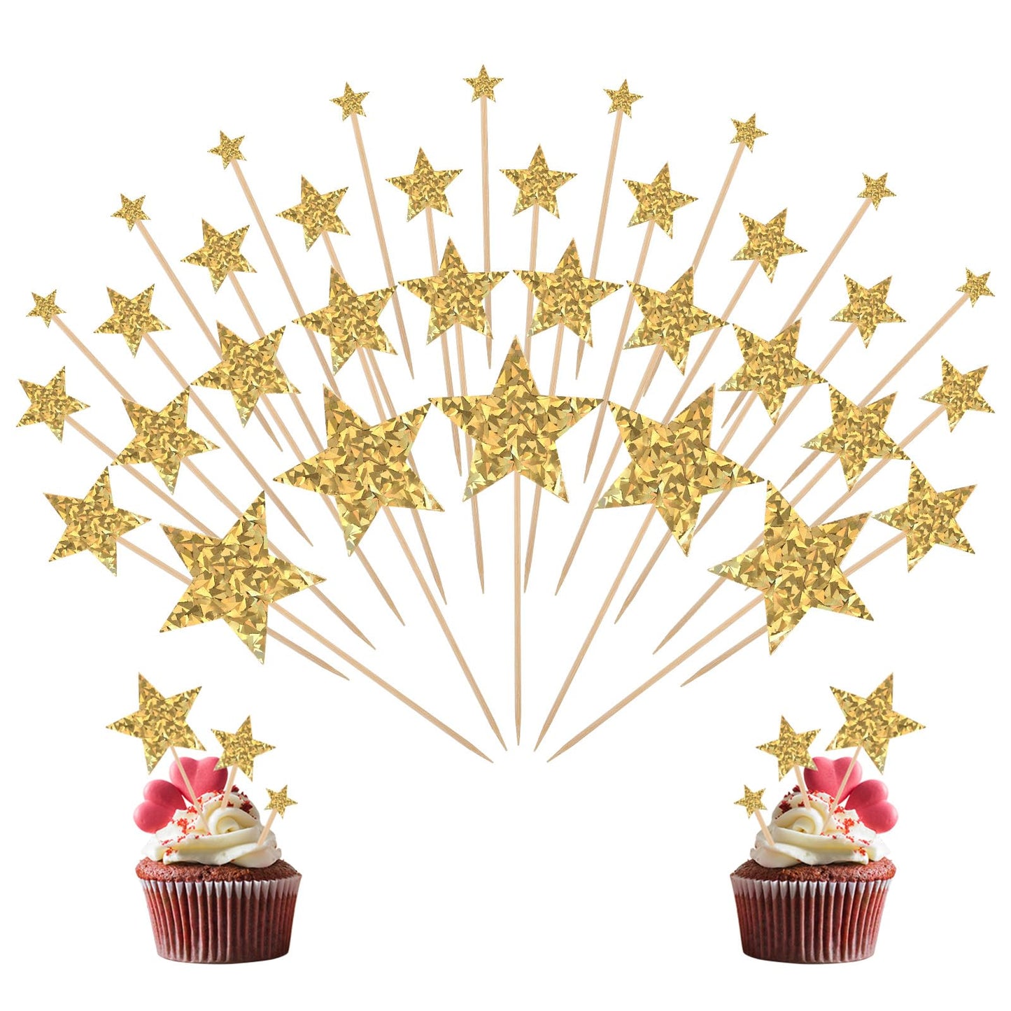 35pcs Star Cupcake Toppers Glitter Gold Star Cake Toppers Twinkle Cupcake Picks Baby Shower Cake Decorations For Wedding Engagement Bridal Shower Birthday Party Supplies Mixed Size