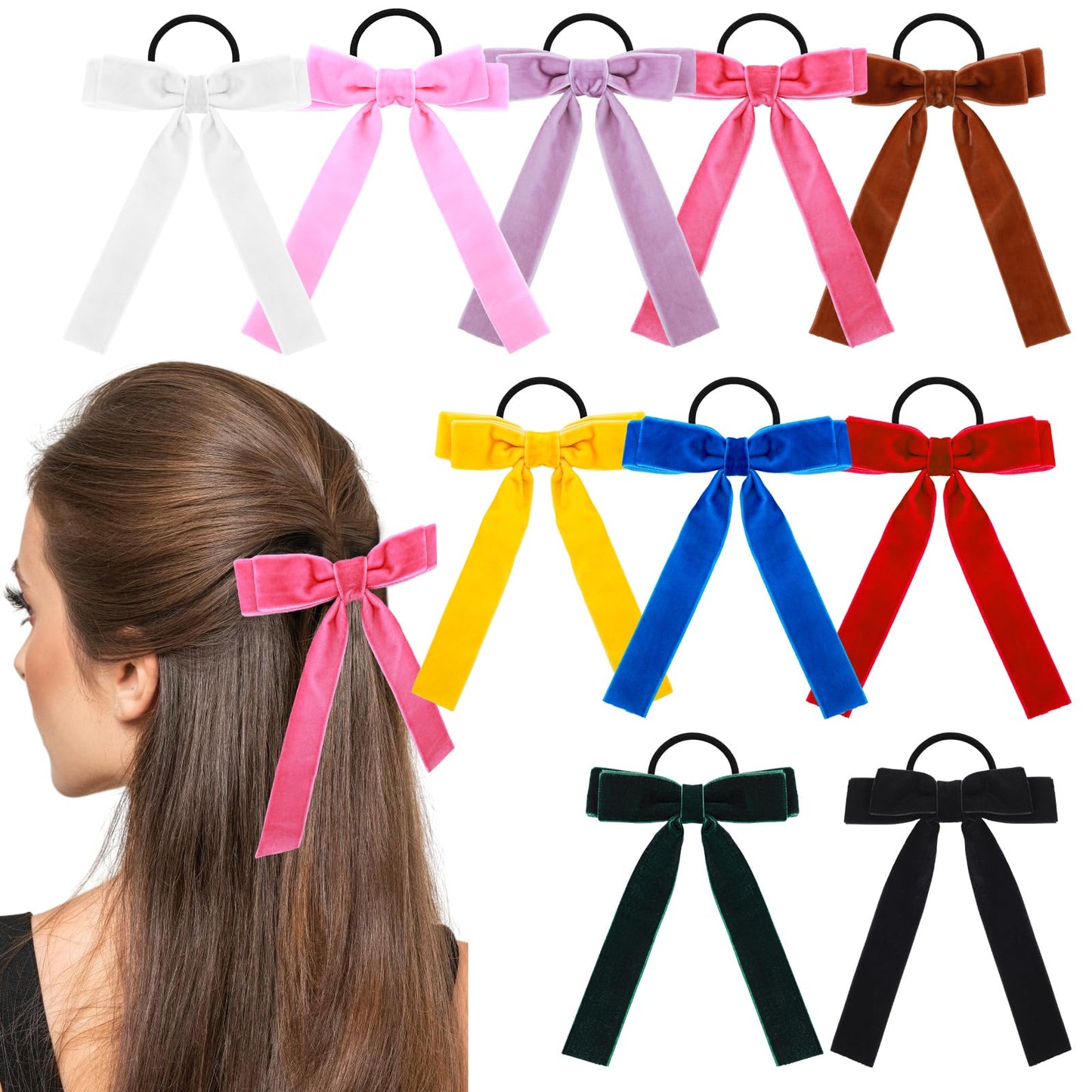 10 Pcs Bow Hair Ties Colourful Velvet Hair Ties With Bows For Party Resilient Ponytail Holder Ribbons Multicolored Hair Bows For Women Girls