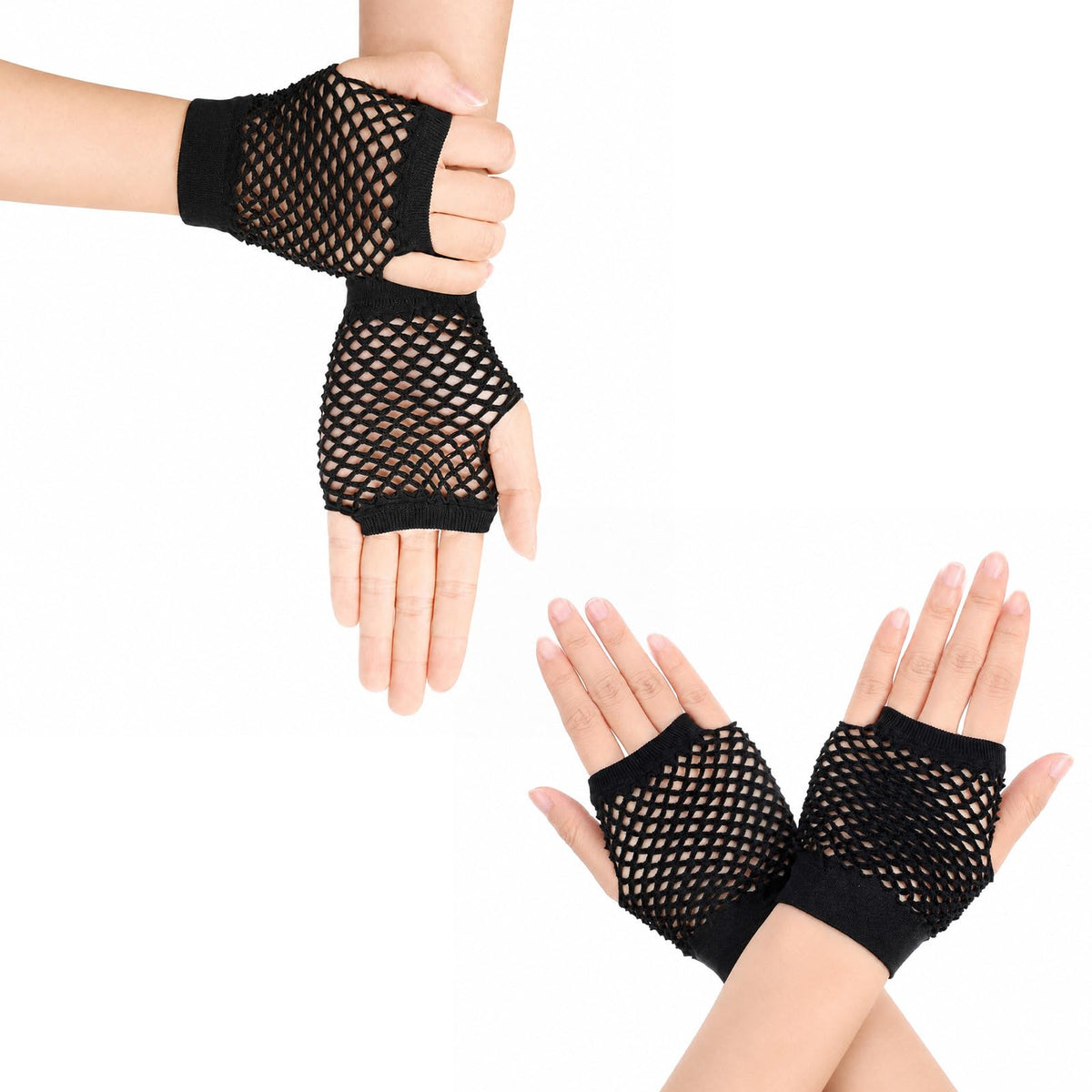 2 Pairs Short Fingerless Fishnet Gloves for Women, Fish Net Mesh Gloves