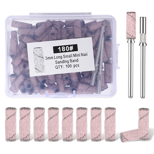 100 Pcs 180 Grit Mini Sanding Bands for Nail Drill with 2 Mandrel Bits, Small Sanding Band Nail Drill Bit Pink Abrasive Rings for Professional Manicure