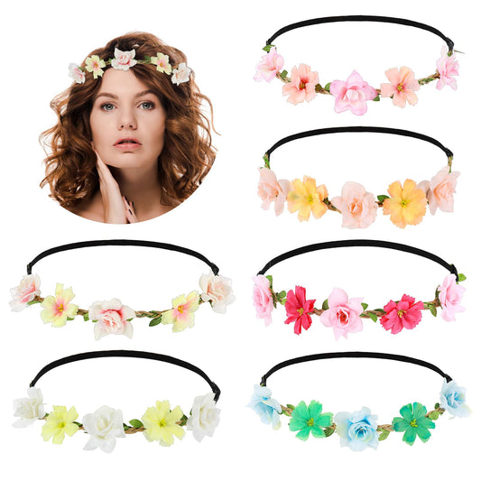 6pcs Assorted Colored Flower Crown for Girls,Flower Headbands for Women,Bride Bridesmaid Wedding Headdress Fairy Hair Accessories Boho Flower Head Bands for Party Photography Props