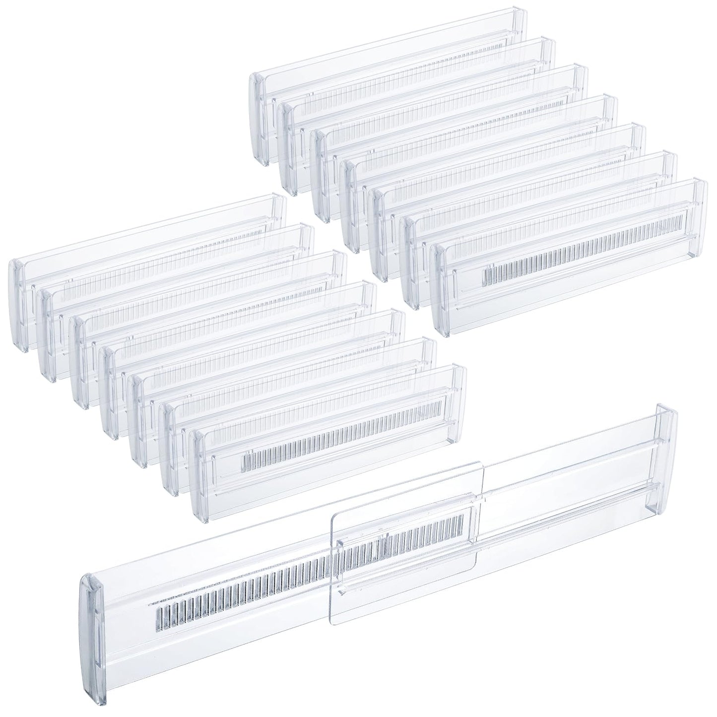 12 Pack Expandable Drawer Dividers Plastic 3.14" High Clear Adjustable Drawer Organizers Separators for Kitchen Utensils, Bedroom, Dresser, Office Organization and Storage