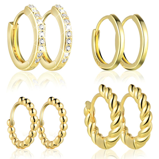 Chunky Gold Hoop Earrings 4 Pairs Small Hoop Earrings Set Gold Plated Piercing Hoops Earrings Small Huggie Hypoallergenic Open Twisted Hoop Earrings