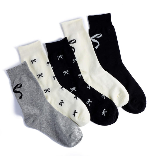 HaiFafafaing 5 Pairs Bow Socks Women, Cotton Cute Crew Socks with Bows, Casual Athletic Bowknot Pattern Calf Sock, Beige Black Grey Novelty Sock for Women