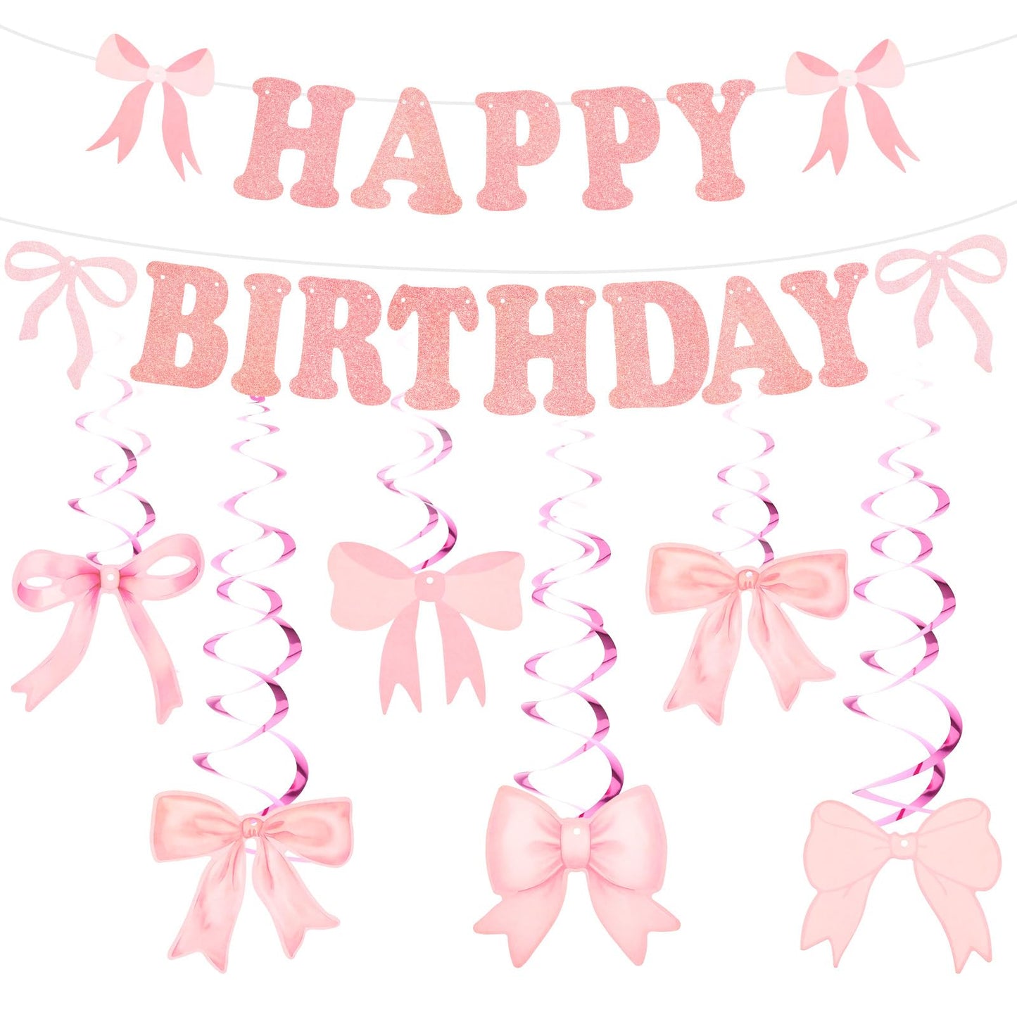 Pink Bow Birthday Party Decorations, Pre-Strung Bow Banner And Hanging Swirls Set For Women Baby Shower Party Supplies