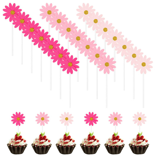 Pink Daisy Cupcake Toppers 12 * 4.7cm/4.7 * 1.8inch White Daisy Cake Decorations Cocktail Cake Fruit Bowl Yogurt Bowl DIY Decoration (21 Pcs)