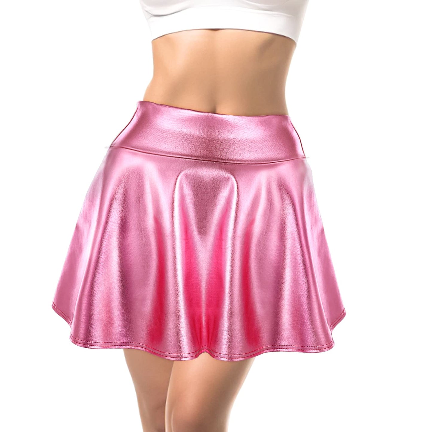 Yolev Women's Shiny Metallic Skirt Flared High Waisted Mini Rave Skirt Pleated Skater Skirt Halloween Skirts for Women (A-Line/Pink)