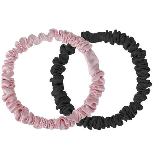 Lusofie Silk Scrunchies, 2Pcs Mulberry Silk Satin Hair Scrunchies, Small Slip Silk Scrunchies for Women Girls (Pink & Black)