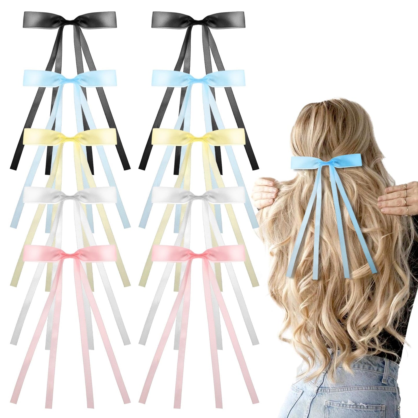 10pcs Hair Bows Clips Long Tail Ribbon 5 Colors Hair Bows For Girls,Satin Coquette Bows Hair Ribbons With Long Tail, Hair Barrettes with Bow Accessories(Black,Pink,Beige,Blue,White)