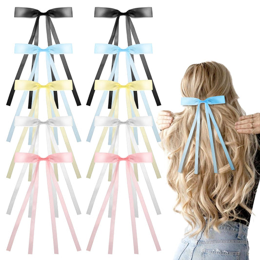 10pcs Hair Bows Clips Long Tail Ribbon 5 Colors Hair Bows For Girls,Satin Coquette Bows Hair Ribbons With Long Tail, Hair Barrettes with Bow Accessories(Black,Pink,Beige,Blue,White)