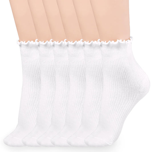 Telooco 6 Pairs Ruffle Ankle Socks White Cute Frilly Socks Soft Cotton Knit Crew Socks Casual Breathable Low Cut Sock for Women Size 5-8