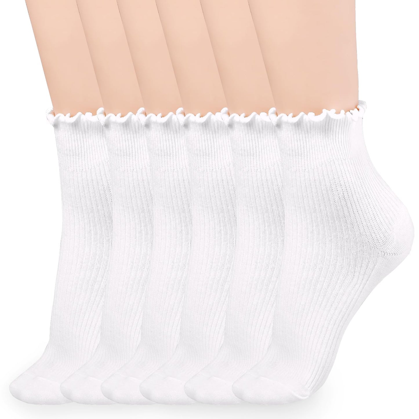 Telooco 6 Pairs Ruffle Ankle Socks White Cute Frilly Socks Soft Cotton Knit Crew Socks Casual Breathable Low Cut Sock for Women Size 5-8