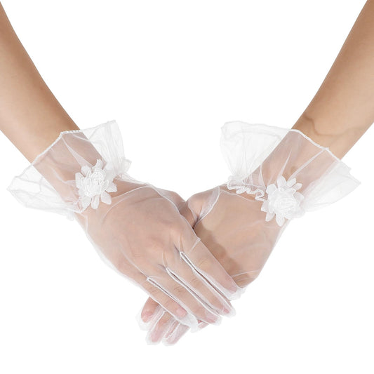 Meyeyaia Tea Gloves for Women，Floral Tulle Gloves for Women Wedding Party Accessories(white)