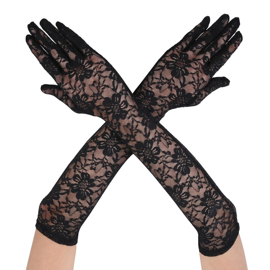 Women's Long Lace Floral Gloves Elbow Length Gloves Bridal Dance Gloves Stretchy Wedding Tea Party Gloves 1920s Costume(Black)
