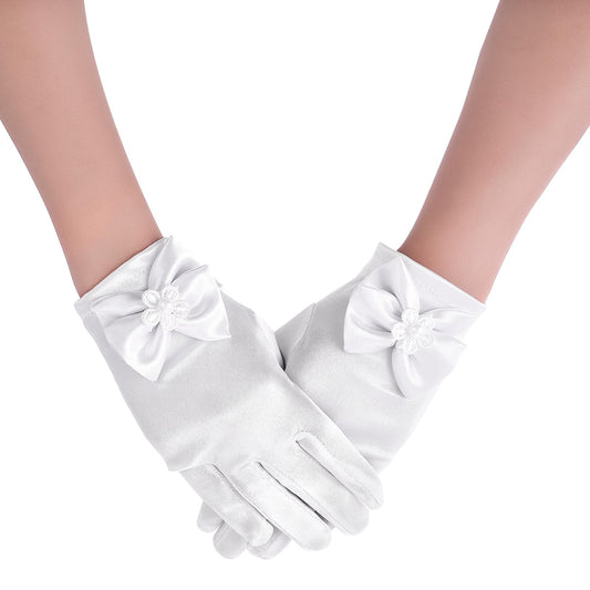 Yolev Little Girls Short Princess Gloves Formal Bows Gloves Wedding Flower Girl's Satin Dress Gloves for First Communion Birthday Pageant Holiday Costume Party