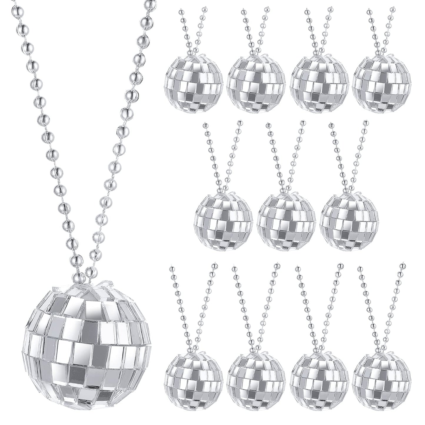 Yolev 12 Pcs Disco Mirror Ball Necklace 70's Themed Silver Disco Party Necklace for Decorations Clothing Accessories