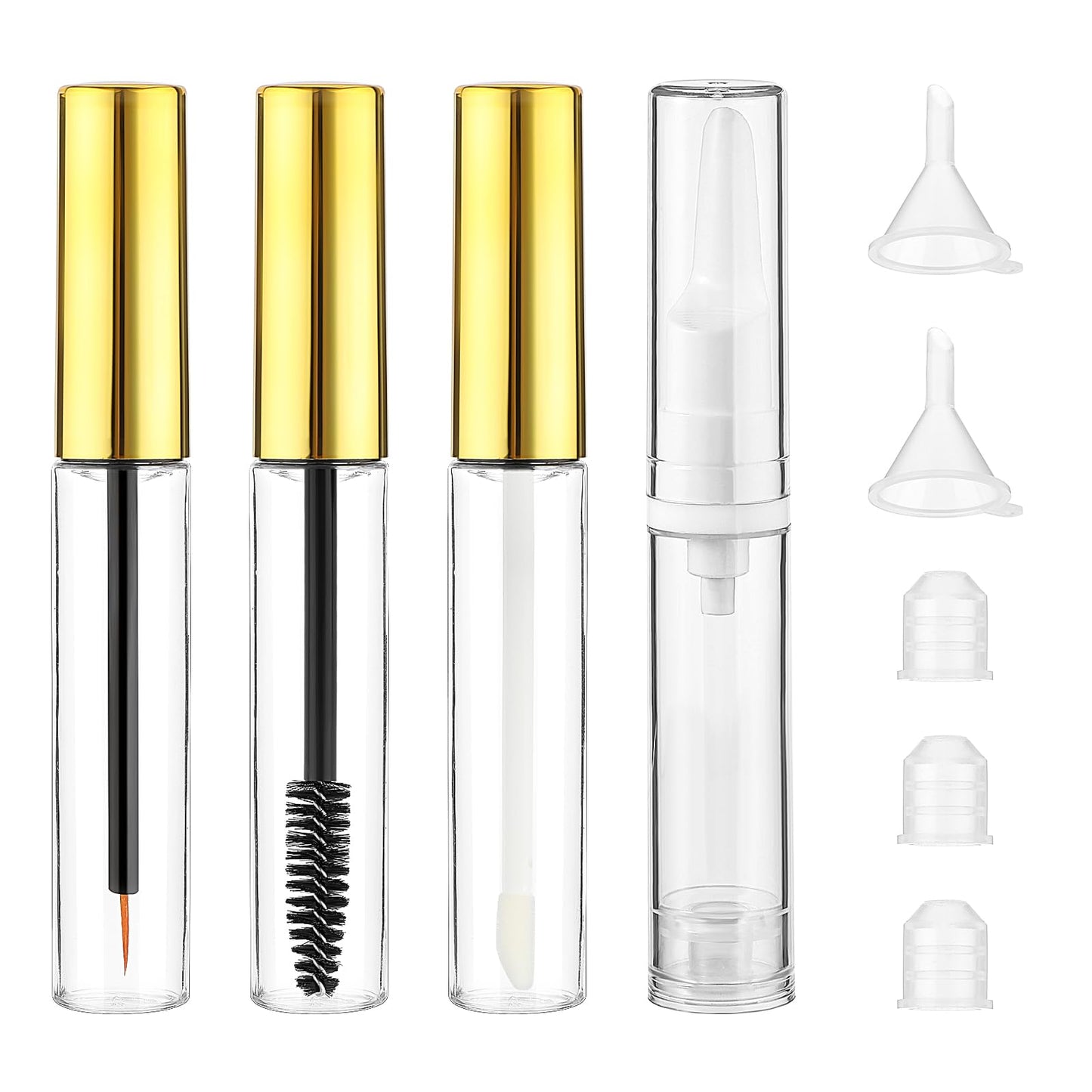 10ml Empty Mascara Tube and Wand Lip Gloss Containers Eyeliner Tube Airless Pump Bottles 4 in 1 Set Travel Container with Bottle Stopper and Funnels (Gold)
