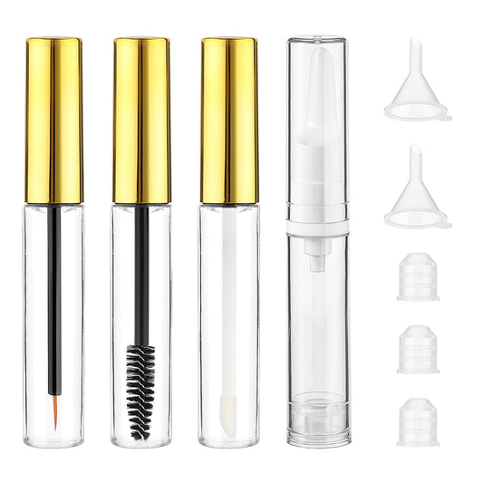10ml Empty Mascara Tube and Wand Lip Gloss Containers Eyeliner Tube Airless Pump Bottles 4 in 1 Set Travel Container with Bottle Stopper and Funnels (Gold)