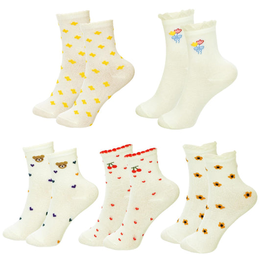 Tucnoeu 5 Pair Cute Heart Flower Frilly Ankle Women Socks, Casual Cotton Bear Heart Cherry Calf Novelty Socks, Novelty Aesthetic Girls Sock