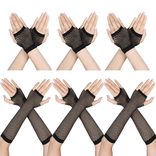 HaiFafafaing 6 Pairs Black Fishnet Gloves Fingerless Fish Net Arm Sleeves 80s 90s Long and Short Fingerless Mesh Gloves For Women Halloween Party Cosplay Costume Accessories