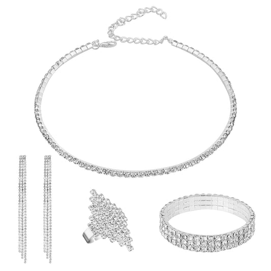 Lusofie Bridal Wedding Jewelry Set Rhinestone Choker Necklace Bracelet Rhinestone Earrings Dangling Prom Jewelry Sets Diamond Choker Necklace for Women Wedding Bridal Party(Silver 4 pcs jewelry set)