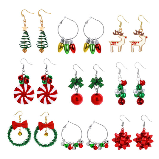 Yolev 9 Pairs Christmas Earrings for Women Jingle Bell Reindeer Christmas Earrings for Women Girl Cute Christmas Xmas Party Gifts