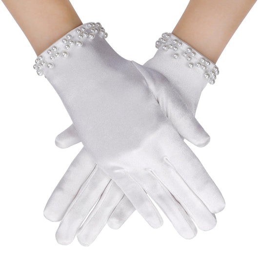 Yolev Short Satin Gloves For Women Pearl White Gloves Fancy Dress Wrist Length Opera Wedding Bridal Bridesmaids Gown Gloves For Wedding Opera Tea Party Cosplay Masquerade Halloween 1920s Accessories