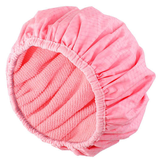 Lusofie Shower Cap Reusable Waterproof, Large Hair Shower Cap Bath Cap Triple Layer EVA Exterior, Terry Lined Shower Cap for Women Long Thick Hair(Pink)