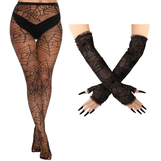 Lusofie 1 Set Halloween Spiderweb Fishnet Tights and Lace Spider Web Arm Warmer for Women Long Fingerless Gloves with Thigh High Socks Halloween Witch Costume Accessories