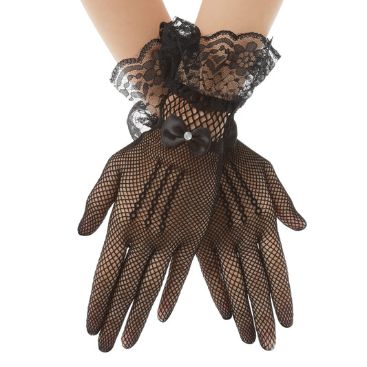 Yolev Women Short Lace Gloves Ladies Floral Lace Gloves Vintage Opera Gloves 1930s Gloves for Women Ladies and Girls Evening Party Wedding Tea Party Prom Cosplay (Black Fishnet)