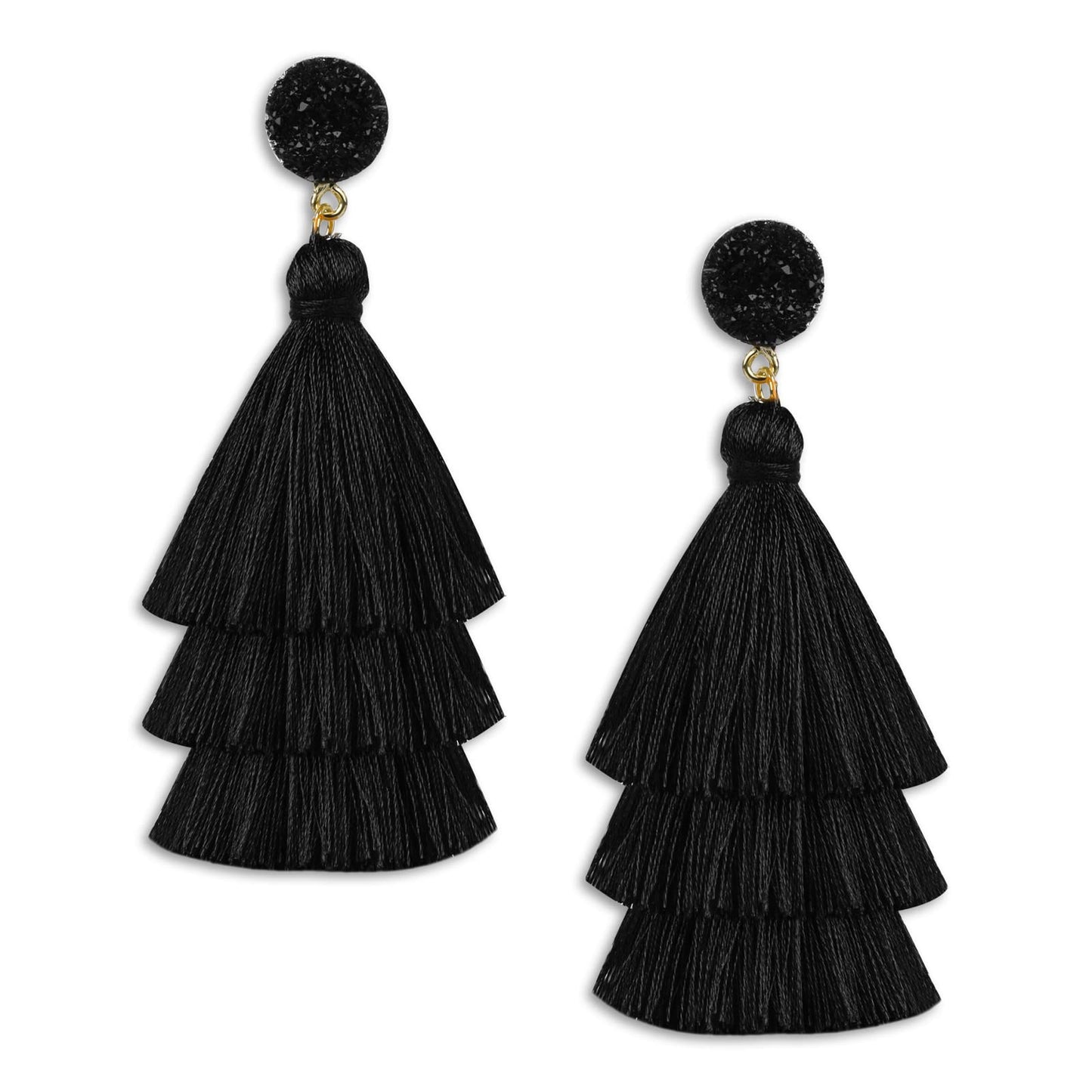 Yolev Layered Tassel Earrings Bohemian Tiered Tassel Earrings Druzy Stud Dangle Drop Earrings Jewelry for Women Teen Girls Christmas Valentine Mother's Day Gift (Black)