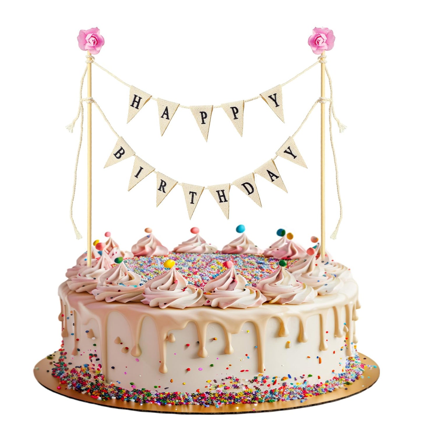 Happy Birthday Cake Bunting Topper Cake Topper Garland Happy Birthday Cake Banner Personalized Birthday Banner Happy Birthday Cake Topper Handmade Pennant Flags with Wood Pole Ivory (With Pink Rose)