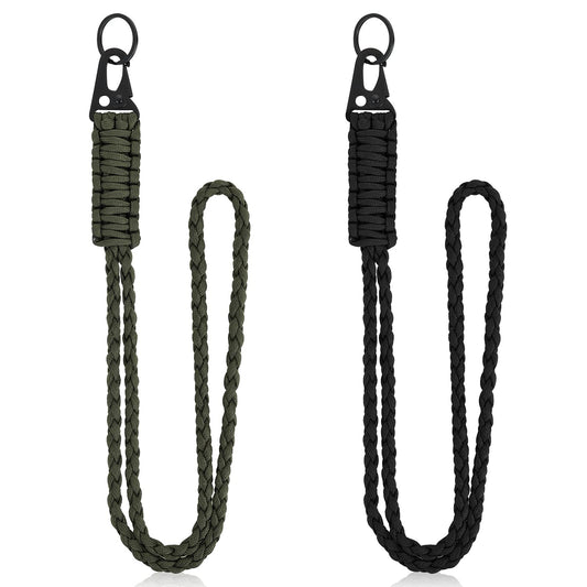 Lusofie 2Pcs Paracord Lanyard Heavy Duty Keychain Lanyard Neck Braided Wrist Lanyard Paracord Neck Lanyard for Keys ID Badges Phone Camera Outdoor Survival(Black, Military Green)