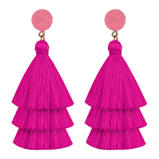 Yolev Layered Tassel Earrings Bohemian Tiered Tassel Thread Earrings Fringe Dangle Drop Earrings for Women Teen Girls (Rose Red)