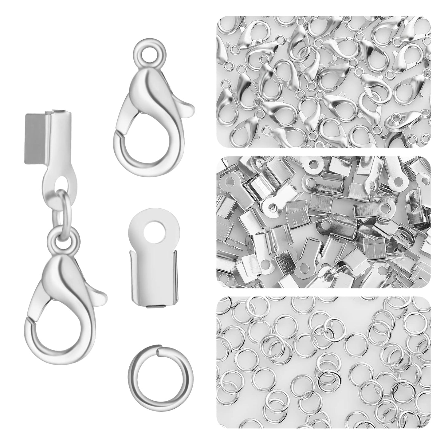 Yolev 450 Piece Jewelry Making Accessories Kit Include 200 Fold Over Cord End Caps Crimp End Tips 200 Jump Ring Connectors and 50 Lobster Claw Clasps for Jewelry Making and Bracelets (Silver)