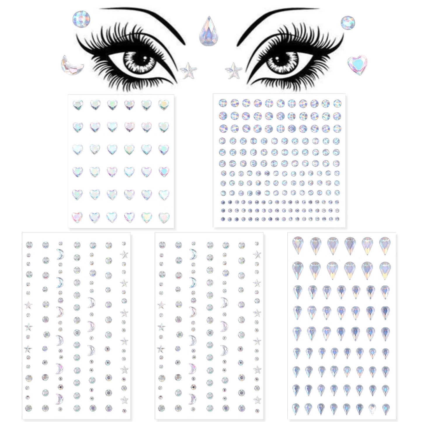 Face Gems Face Jewels Stickers 5 Sheets Face Rhinestones Stick on Sparkle Self Adhesive Eye Body Gems Hair Rhinestones Crystal for Women Fairy Makeup Decorations Rave Halloween