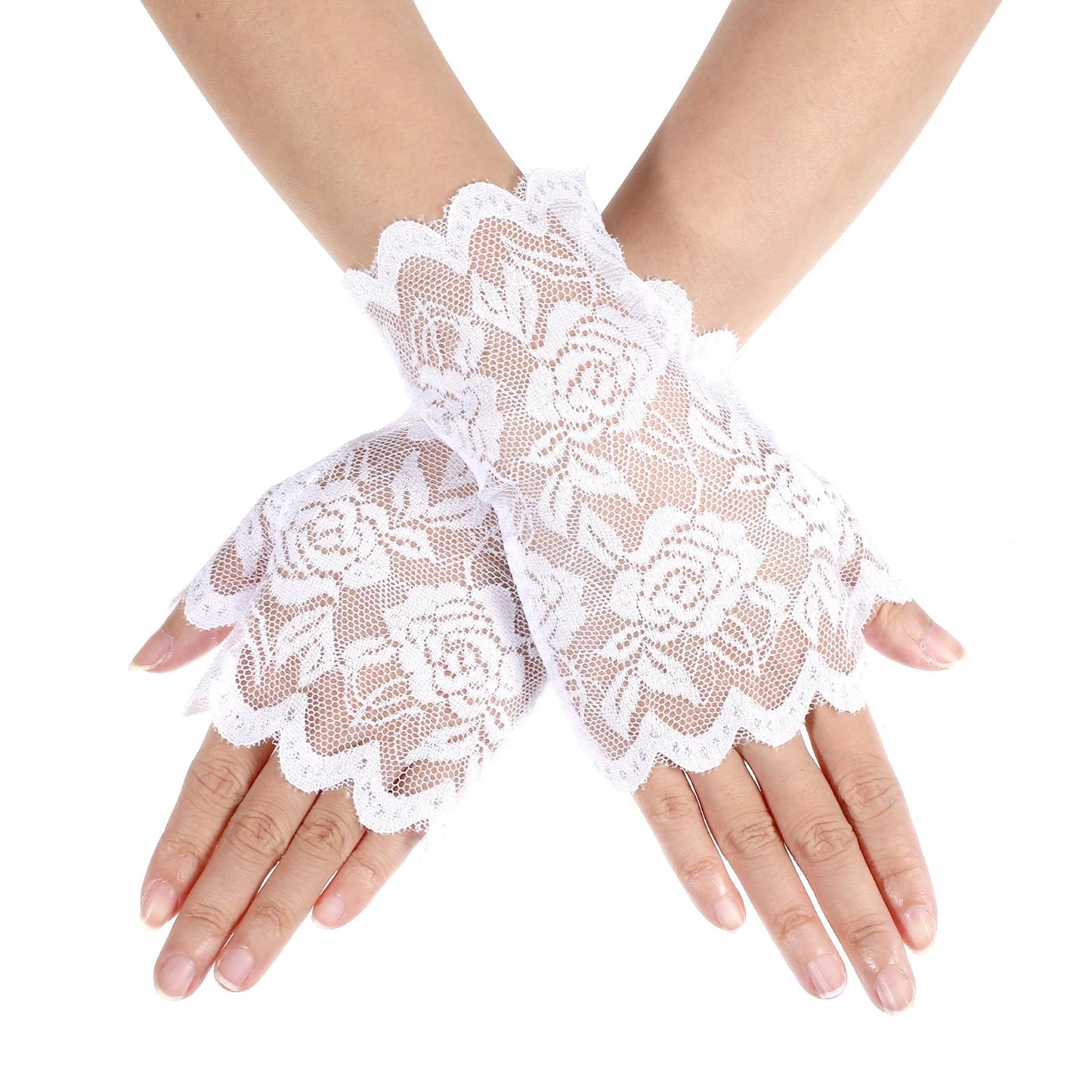 Short Fingerless Lace Gloves for Women Beige Sunblock Lace Floral Gloves for Women Wedding Bridal Opera Evening Tea Party Prom Cosplay(White)