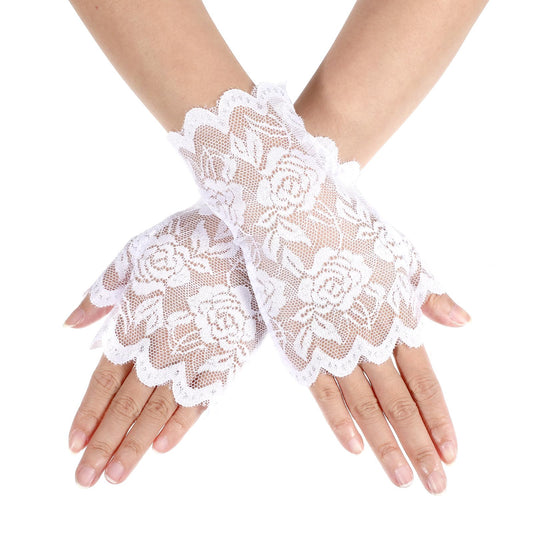 Short Fingerless Lace Gloves for Women Beige Sunblock Lace Floral Gloves for Women Wedding Bridal Opera Evening Tea Party Prom Cosplay(White)