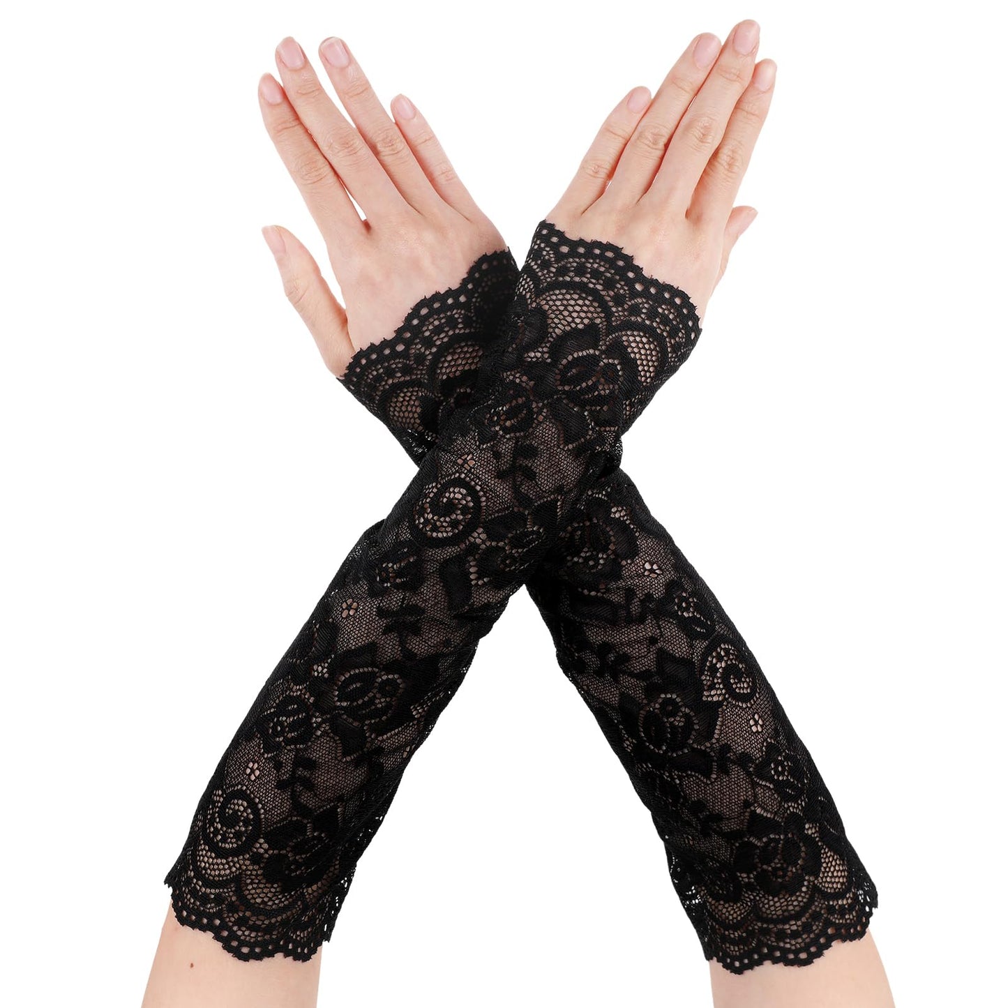 Lusofie Long Fingerless Gloves for Women Sheer Lace Gloves with Lace Sleeves Perfect for Wedding Bridal Opera Party Halloween Costume(Black)