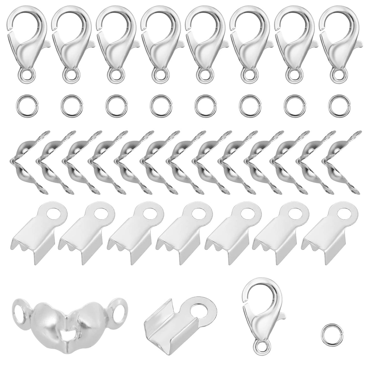650 Pcs Jewelry Making Finding Accessories Set Includes 200Pcs Bead Tips Knot Covers 200Pcs Open Jump Ring Connectors 200Pcs Fold Over Cord Ends Terminators and 50Pcs Lobster Claw Clasps