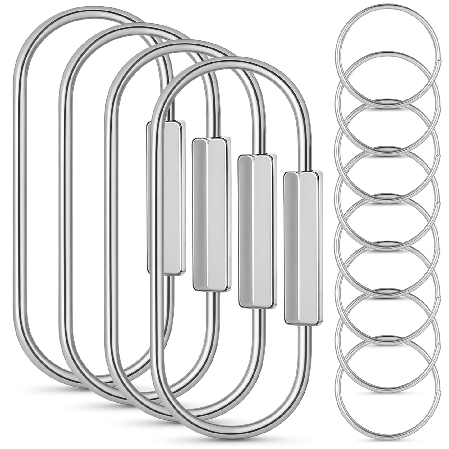 Fiyooau 4Pcs Screw Lock Keychain Sliver Brass Key Ring with 8 O Rings
