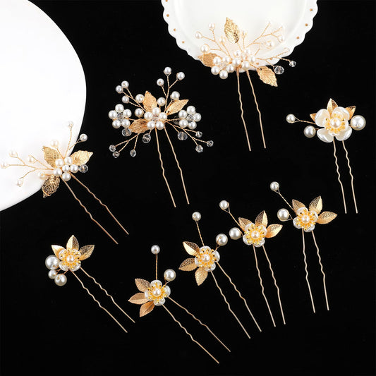 Lusofie 9Pcs Leaf Flower Hair Pins Bridal Wedding Hair Pins Pearl Hair Pins Gold Wedding Hair Accessories for Women Girls(Rose Gold)