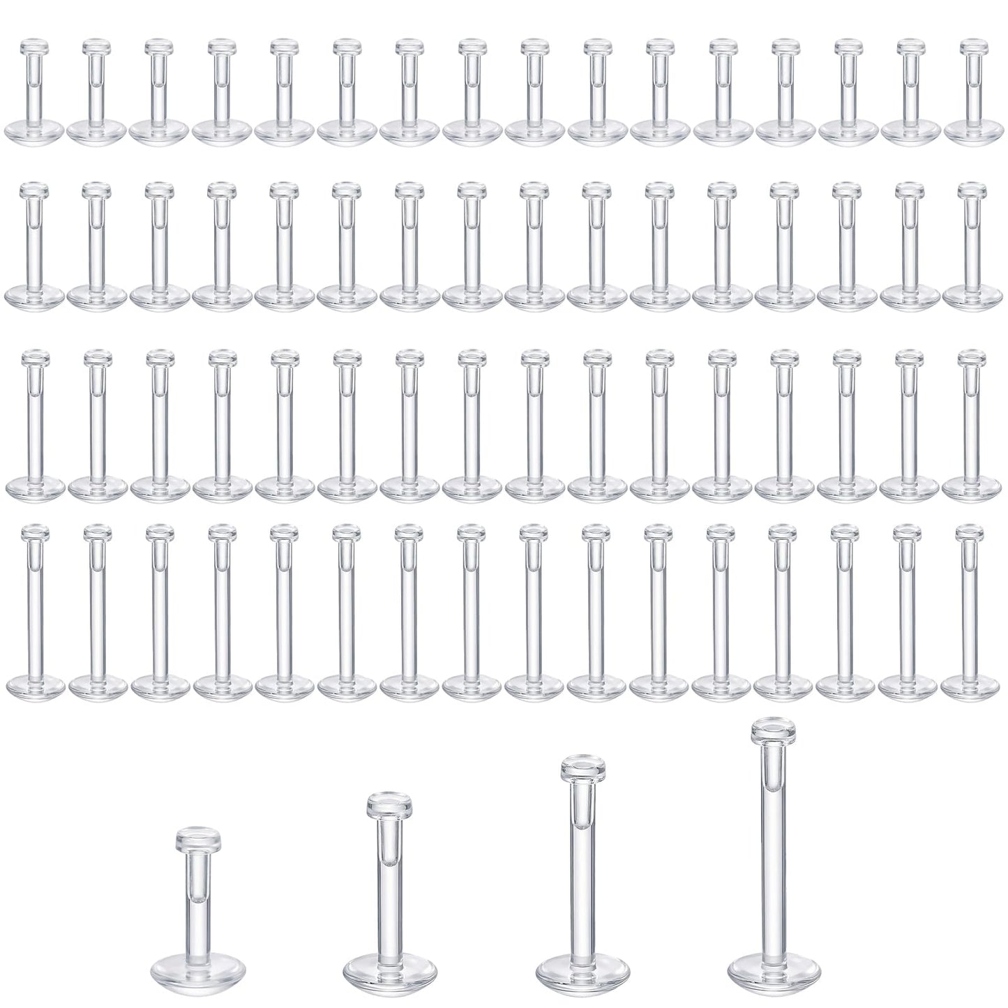Fiyooau 64 Pcs 16G Plastic Earrings Push in Clear Nose Studs for Work Sport Surgery Lip Piercing Labret Stud Flat Back Tragus Helix Catilage Conch Earrings for Women Men 6mm 8mm 10mm 12mm