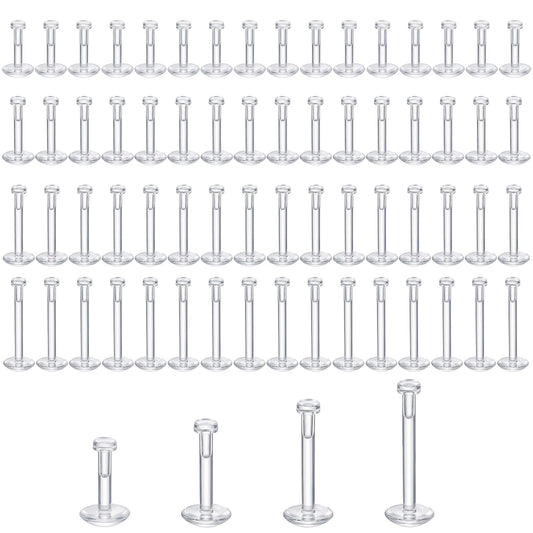 Fiyooau 64 Pcs 16G Plastic Earrings Push in Clear Nose Studs for Work Sport Surgery Lip Piercing Labret Stud Flat Back Tragus Helix Catilage Conch Earrings for Women Men 6mm 8mm 10mm 12mm