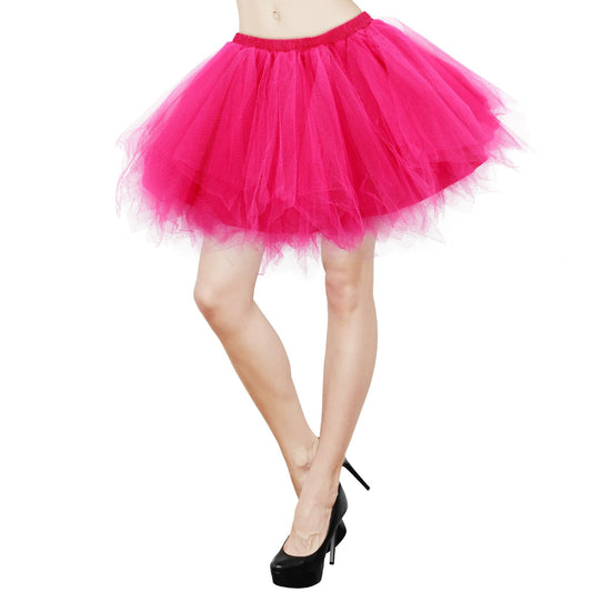 Tutu Skirts for Women with Lined 80s Fancy Dress for Women Adults Short Classic Elastic Tulle Skirt Multi-Layer Tutu for Cosplay Dance Party Halloween Costume(Hot Pink)