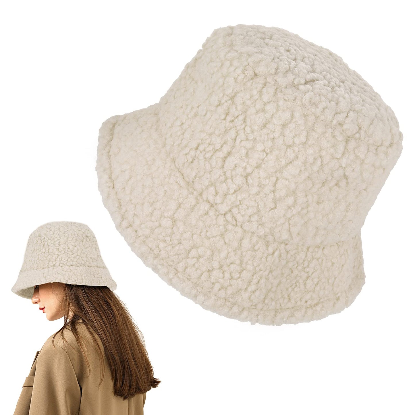 Lusofie Winter Faux Fur Bucket Hat Lamb Wool Fishing Caps Warm Casual Winter Warm Hat Fluffy Warm Hat for Women Girls (Beige)