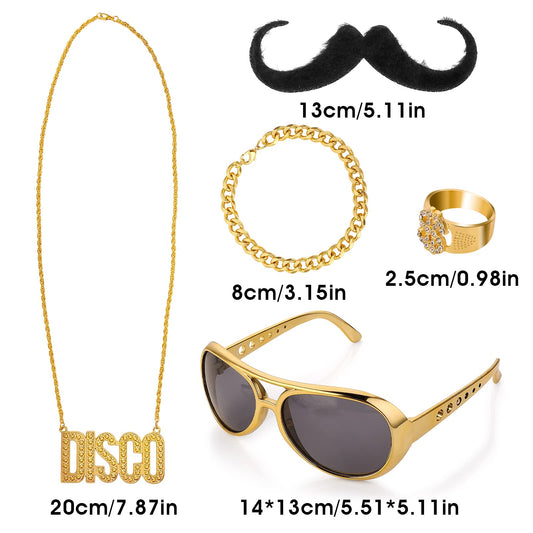 Yolev 80s 90s Costumes Outfits, Dollar Sign Necklace 90s Outfit for Men Fake Gold Chain 80s Accessories for Women Men Party Accessories Hippie Costume Set Funky Afro Wig Sunglasses