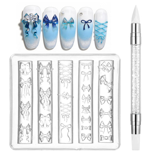 Bow Nail Charm Molds,3D Bowknot Silicone Nail Molds with Carving Pen,Multiple Shapes Ribbon Lace Bows Nails Mold Carving Template Stencil for Craft Project,Women Fingertip Art Decoration