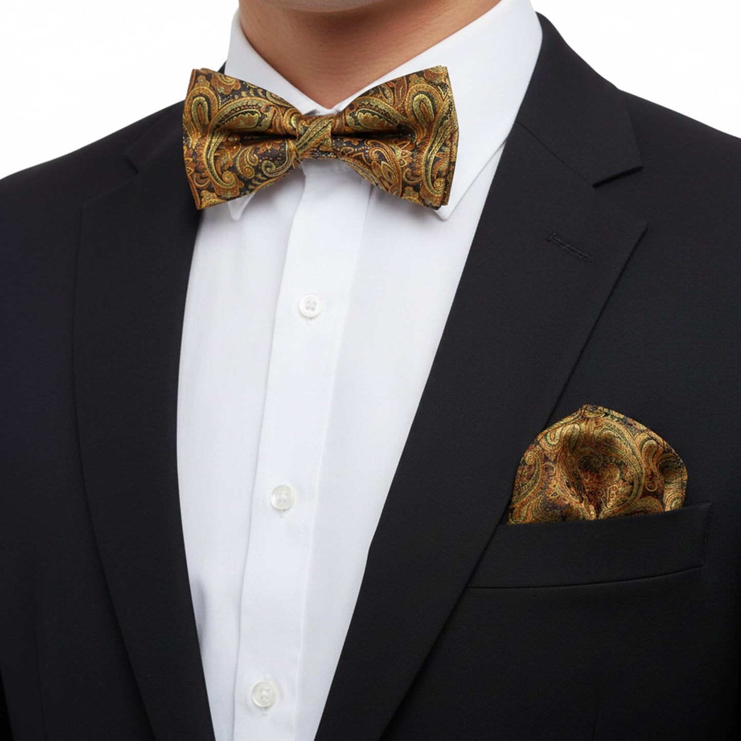 Men's Pre-Tied Bow Tie with Pocket Square Set | Classic Paisley Silk Mens Bow Tie Adjustable for Weddings, Prom, Formal Events | Luxury Silk Fabric, Ready-to-Wear for Groom, Groomsmen & Party